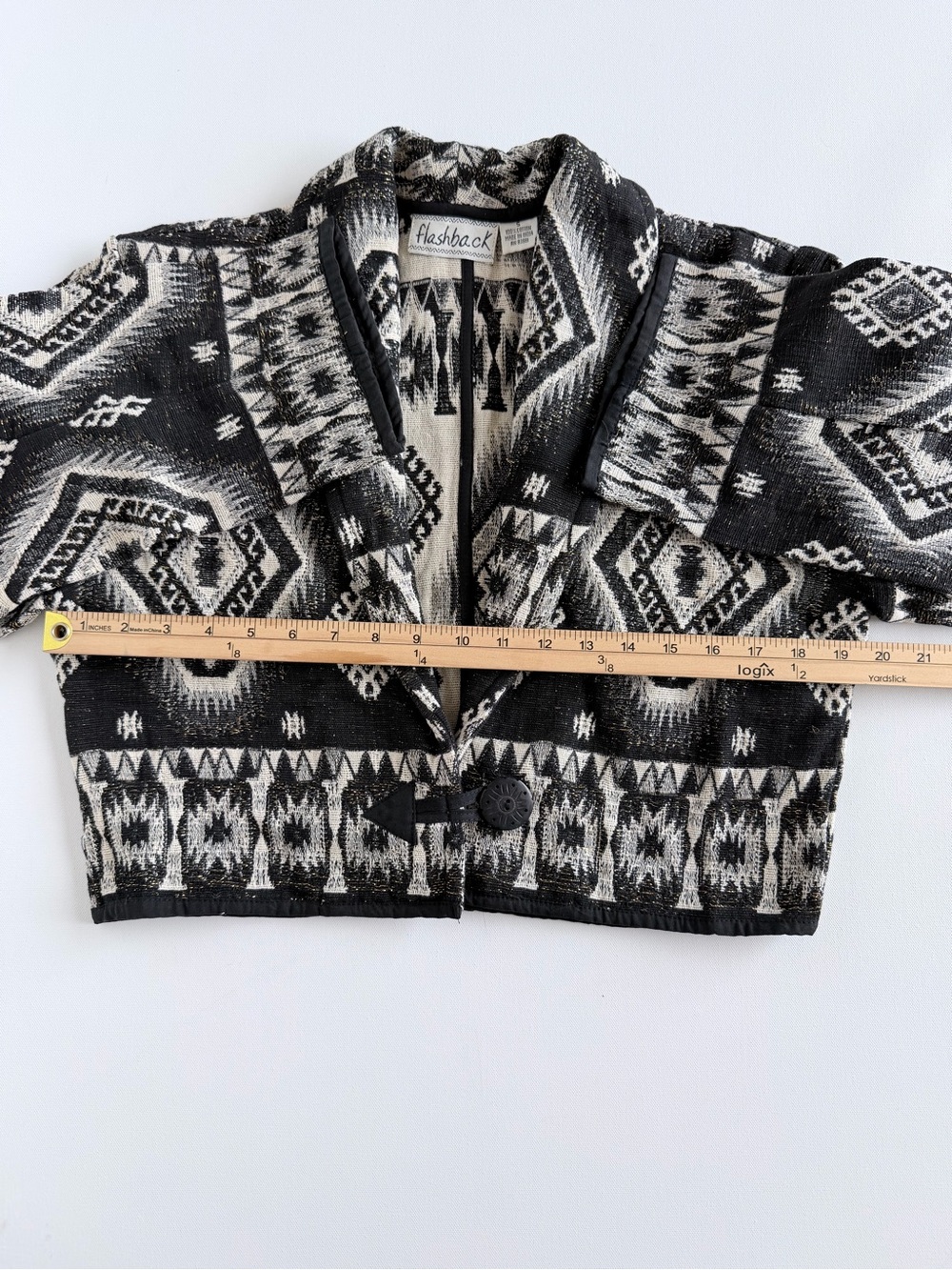 Vintage 90s Flashback Tapestry Jacket S Black White Gold Western Cropped - Picture 6 of 12